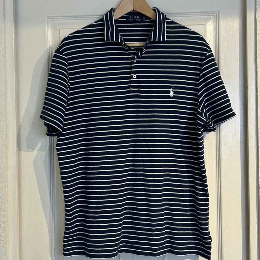 Polo RL Blue and White Striped Jersey Knit Polo